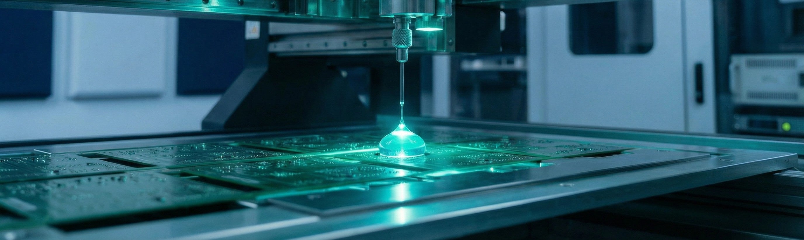 Automated high-speed dispensing valve applying precise material to PCB board for electronics manufacturing
