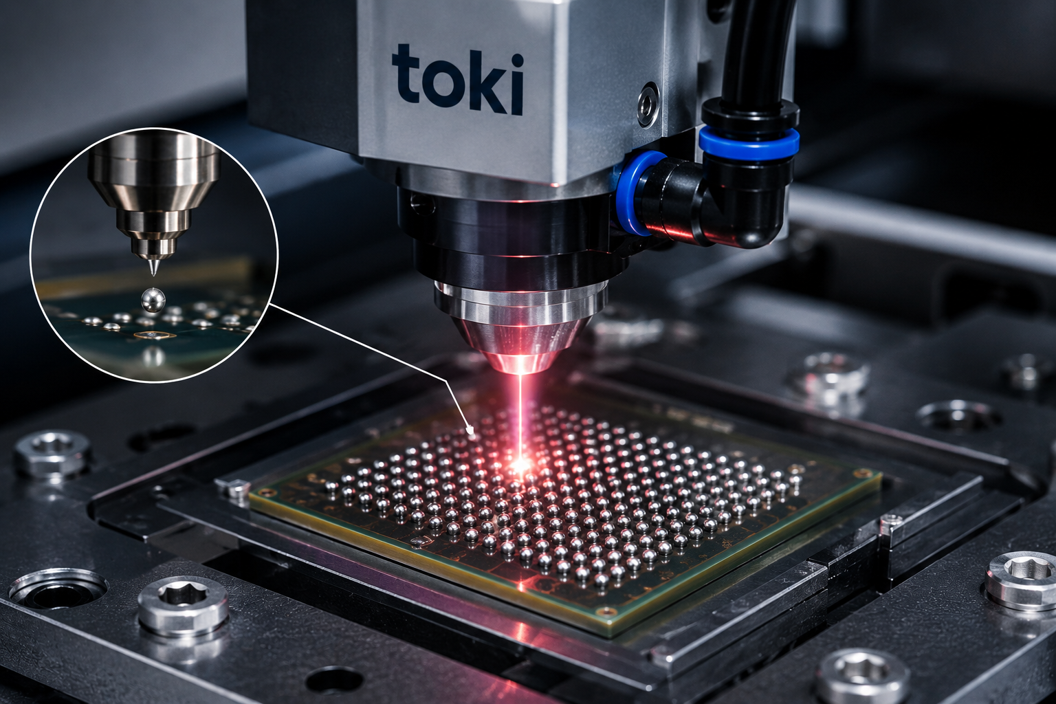 Laser Solder Ball Jetting or Laser tin ball process happening on a mems package. great for BGA rework