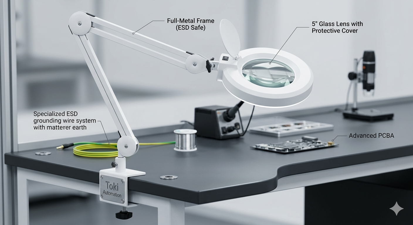 ESD Safe Magnifying Lamp with full metal frame at a work bench