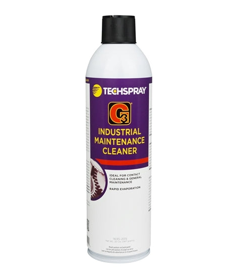 A can of Techspray G3 Industrial Maintenance Cleaner, primarily white in color with purple and black text and logo.