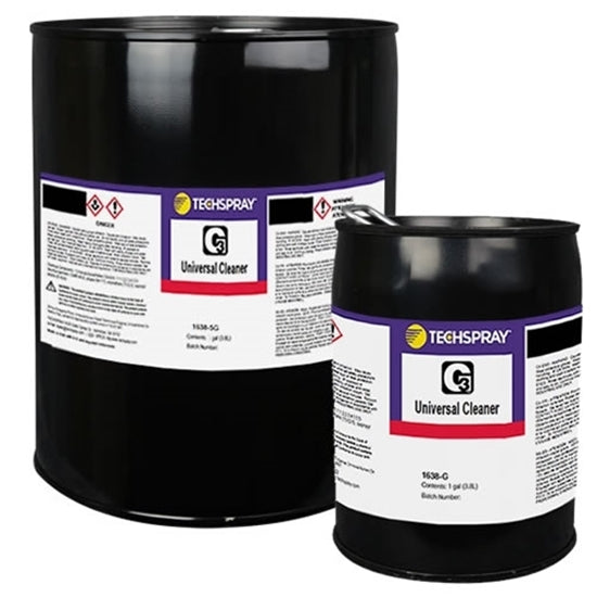 Two gallon containers of Techspray G3 Universal Cleaner, one labeled as 1638-G (1 Gallon) and the other as 1638-5G (5 Gallon). Both containers have warning and informational labels.