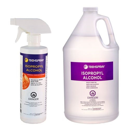 Two bottles of Techspray Isopropyl Alcohol, one with a sprayer and one in a gallon size, both labeled for cleaning purposes.
