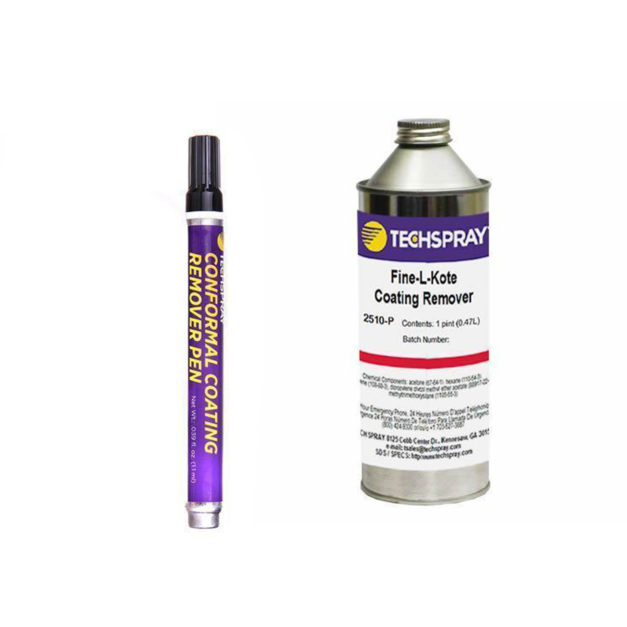 Image shows two products, a purple and black pen labeled 'Conformal Coating Remover' and a silver can labeled 'Techspray Fine-Kote Coating Remover 2510-P'.